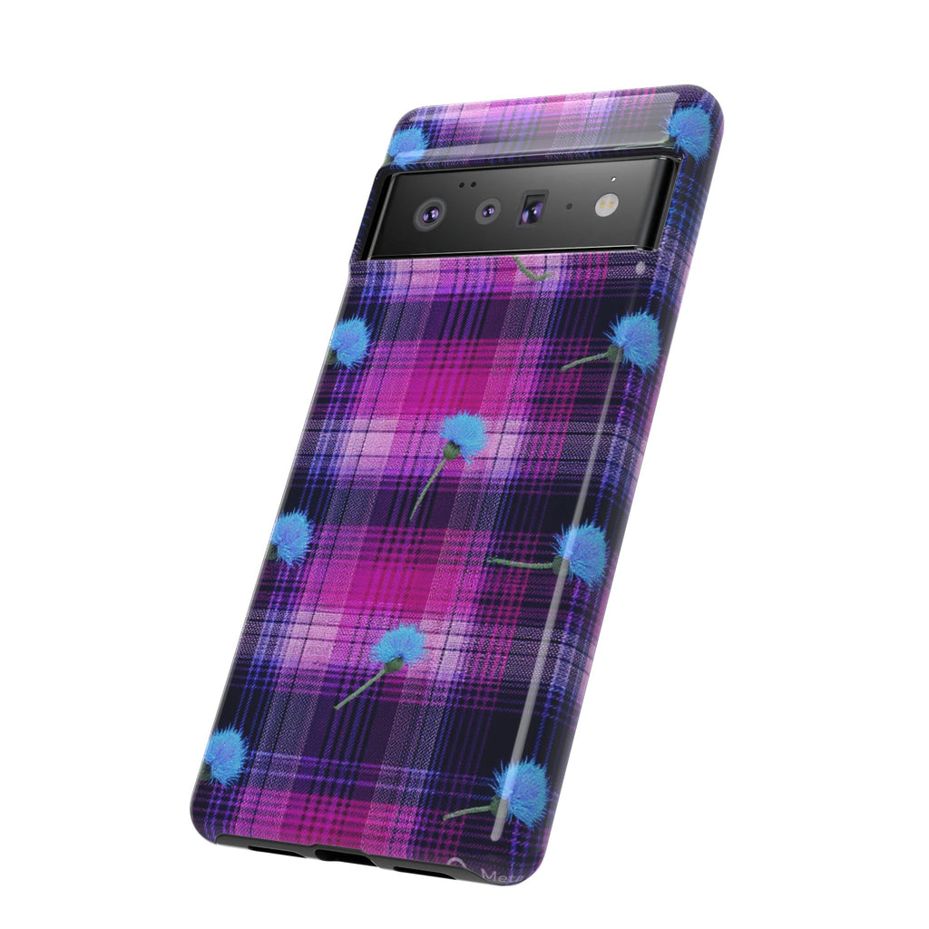 Purple Plaid Blue Thistle Tartan Phone Case — Floral Plaid Protective iPhone Cover