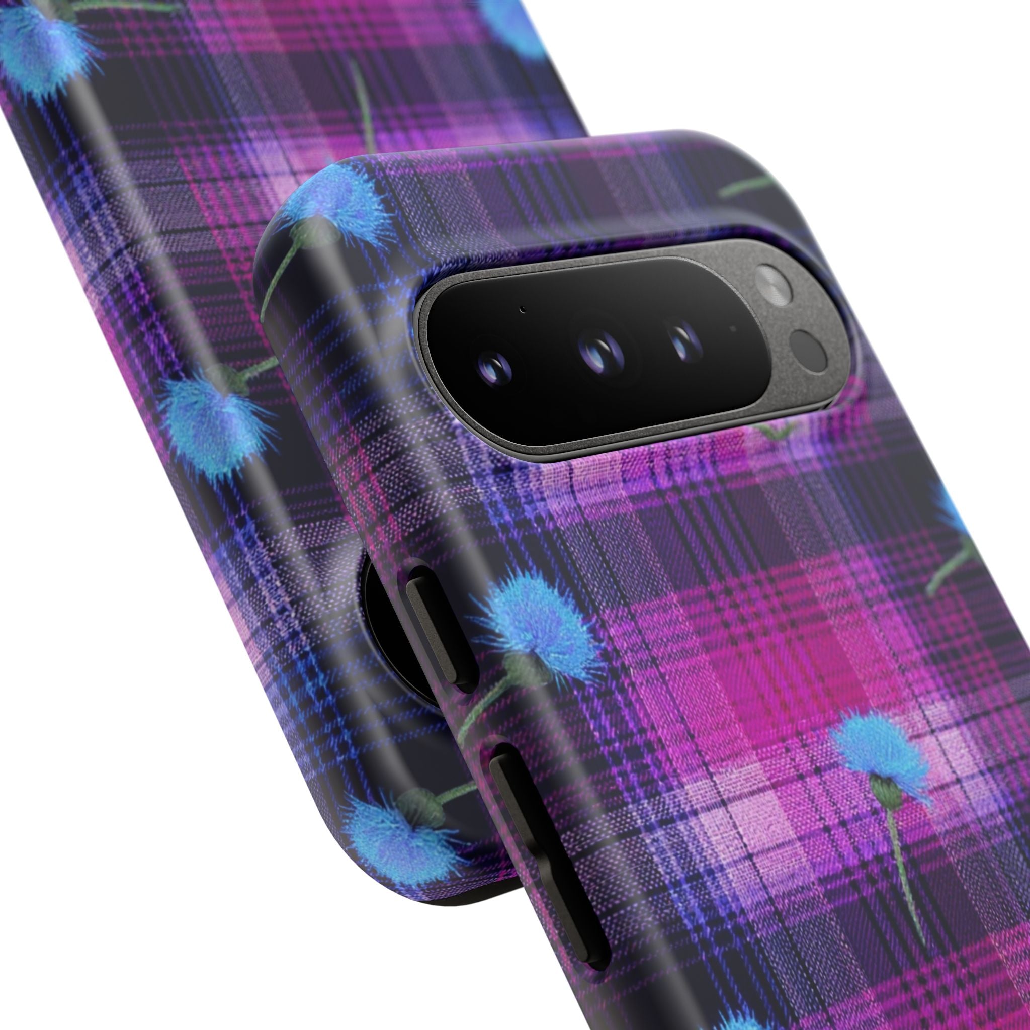 Purple Plaid Blue Thistle Tartan Phone Case — Floral Plaid Protective iPhone Cover
