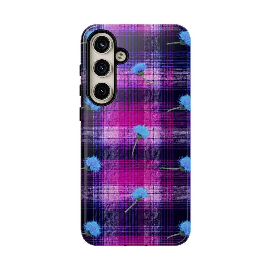Purple Plaid Blue Thistle Tartan Phone Case — Floral Plaid Protective iPhone Cover
