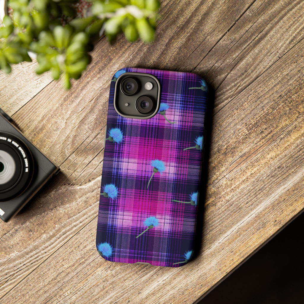 Purple Plaid Blue Thistle Tartan Phone Case — Floral Plaid Protective iPhone Cover