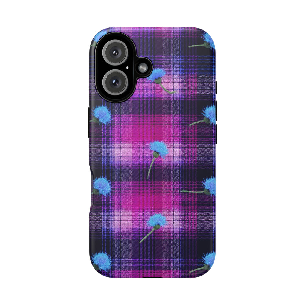 Purple Plaid Blue Thistle Tartan Phone Case — Floral Plaid Protective iPhone Cover