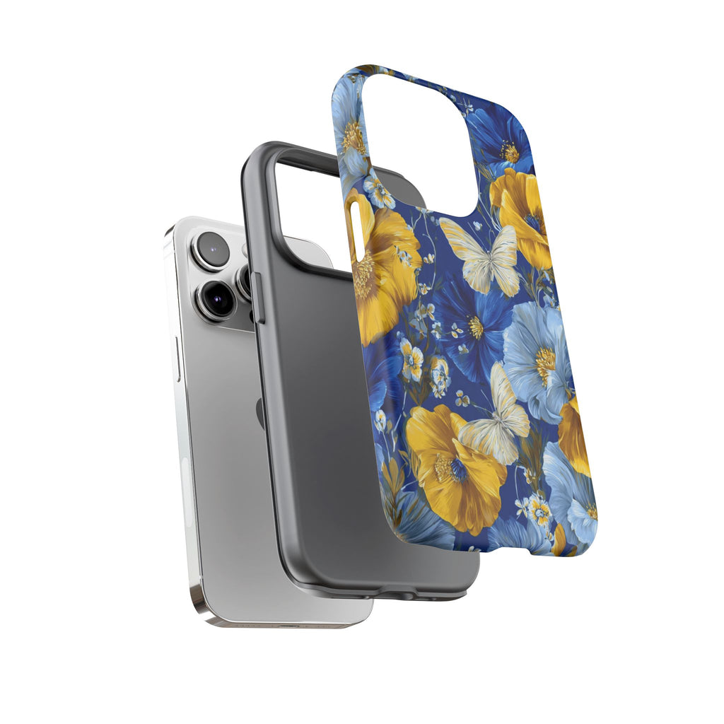 Floral Butterflies Phone Case — Blue & Yellow Tough Protective Cover