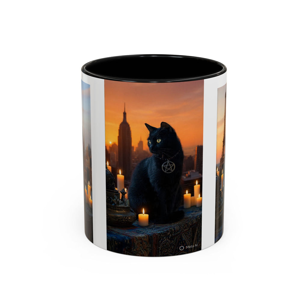 Black Cat Altar Coffee Mug — Gothic Cat with Pentagram, Candlelit Sunset Scene (11/15oz)