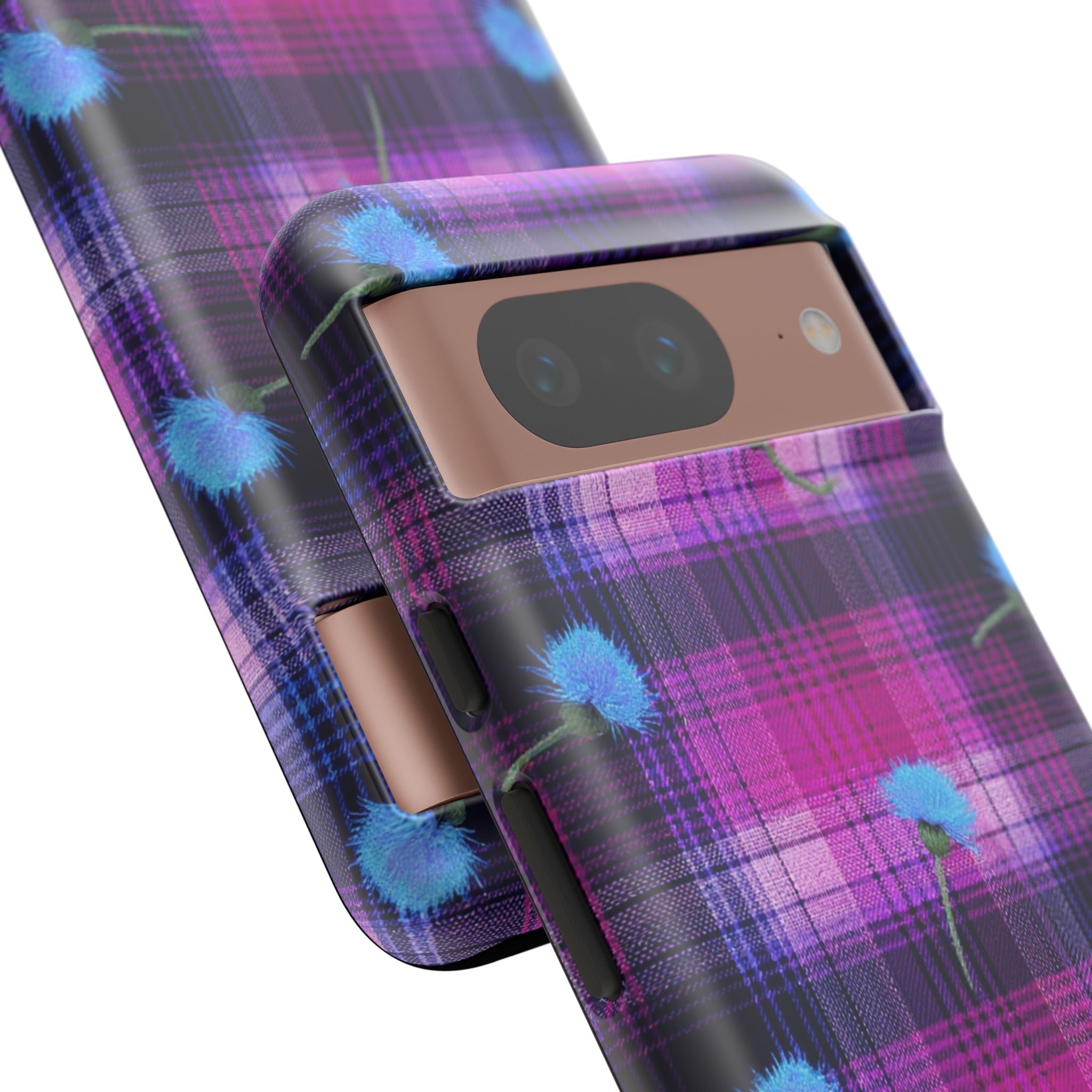 Purple Plaid Blue Thistle Tartan Phone Case — Floral Plaid Protective iPhone Cover