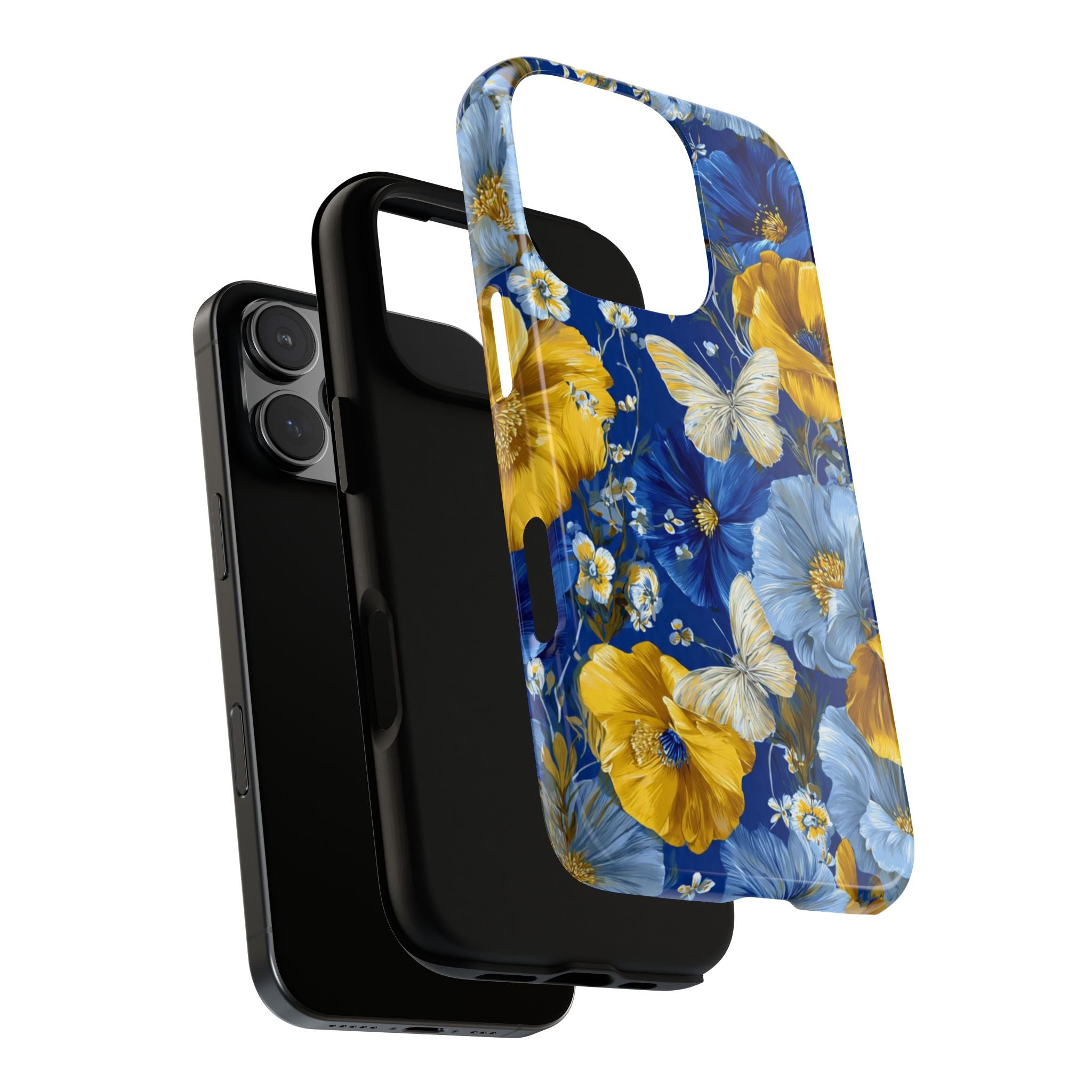 Floral Butterflies Phone Case — Blue & Yellow Tough Protective Cover