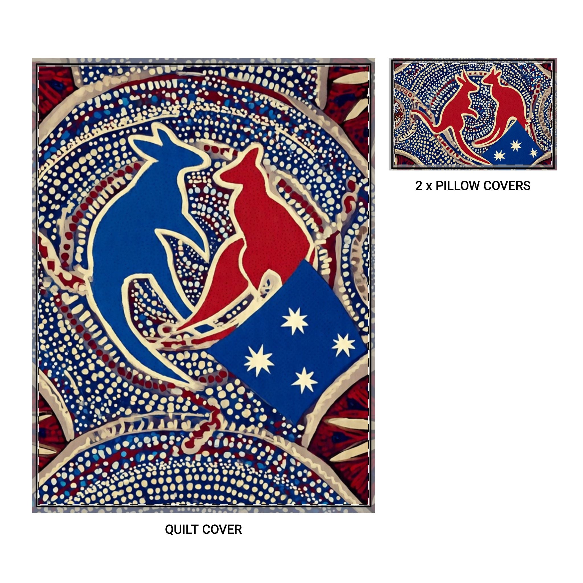 Kangaroo Australia Quilt Cover Set (3-Piece) — Indigenous Dot Art Design with Flag Motif