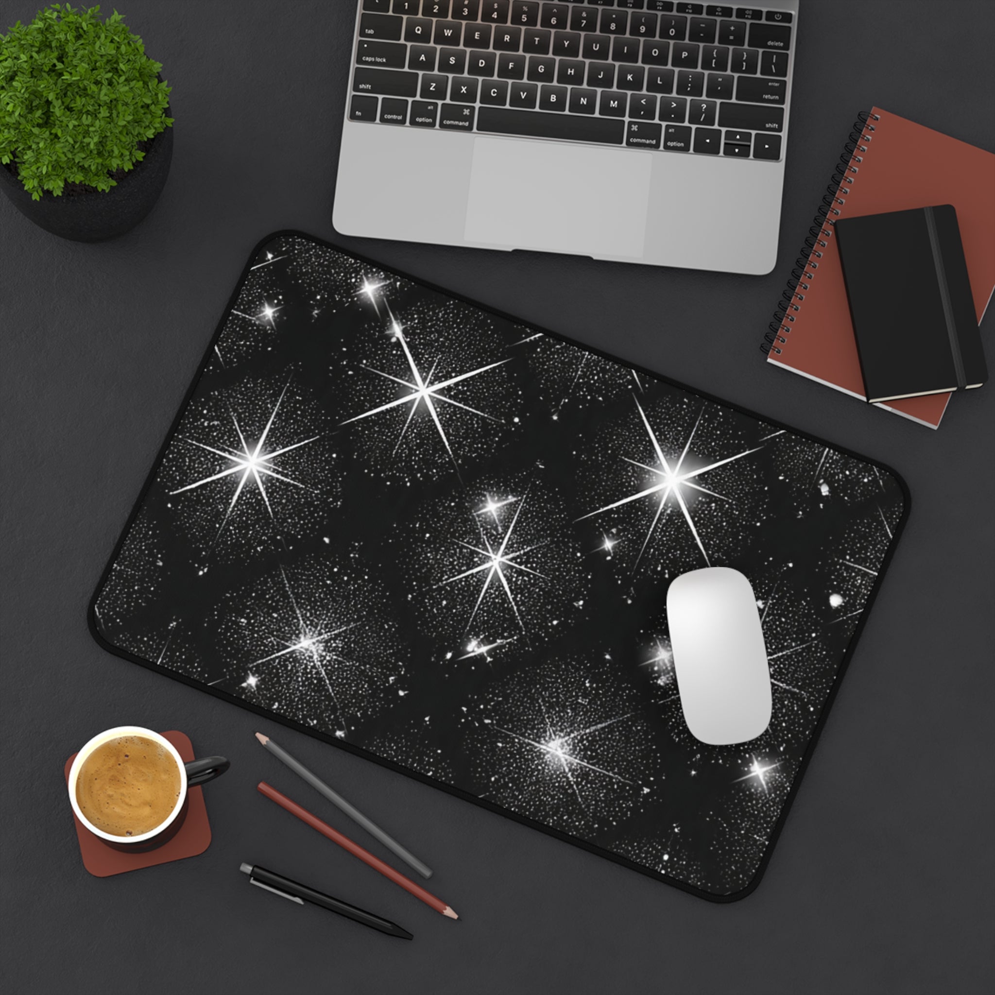 Galactic Sparkle Desk Mat — Black Starfield Mouse Pad