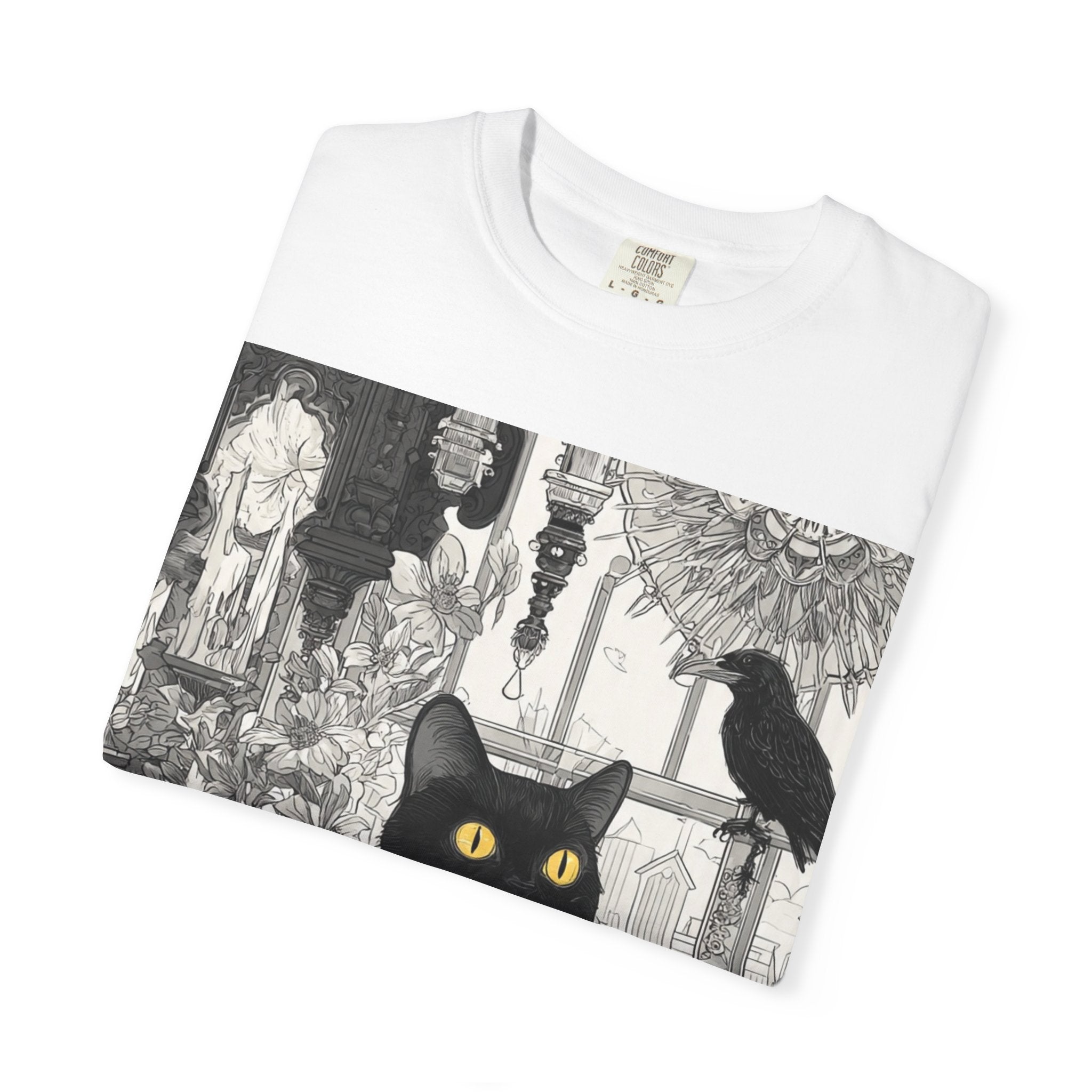 Black Cat Gothic Art T-Shirt — "Midnight Curator" Illustration