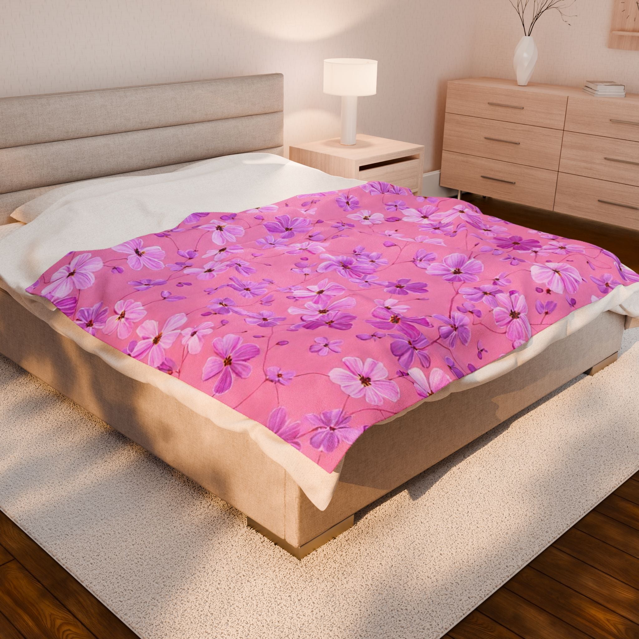 Pink Floral Velveteen Plush Blanket — Soft Cherry Blossom Throw