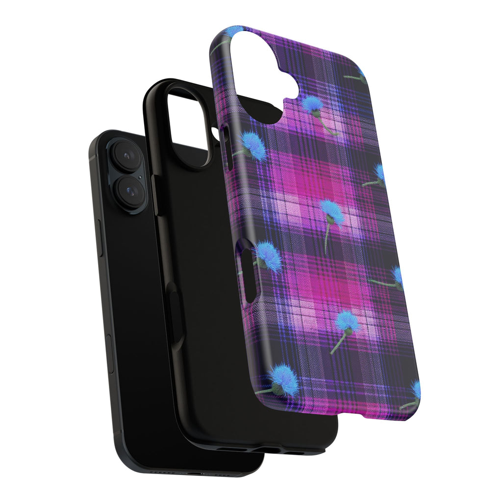 Purple Plaid Blue Thistle Tartan Phone Case — Floral Plaid Protective iPhone Cover