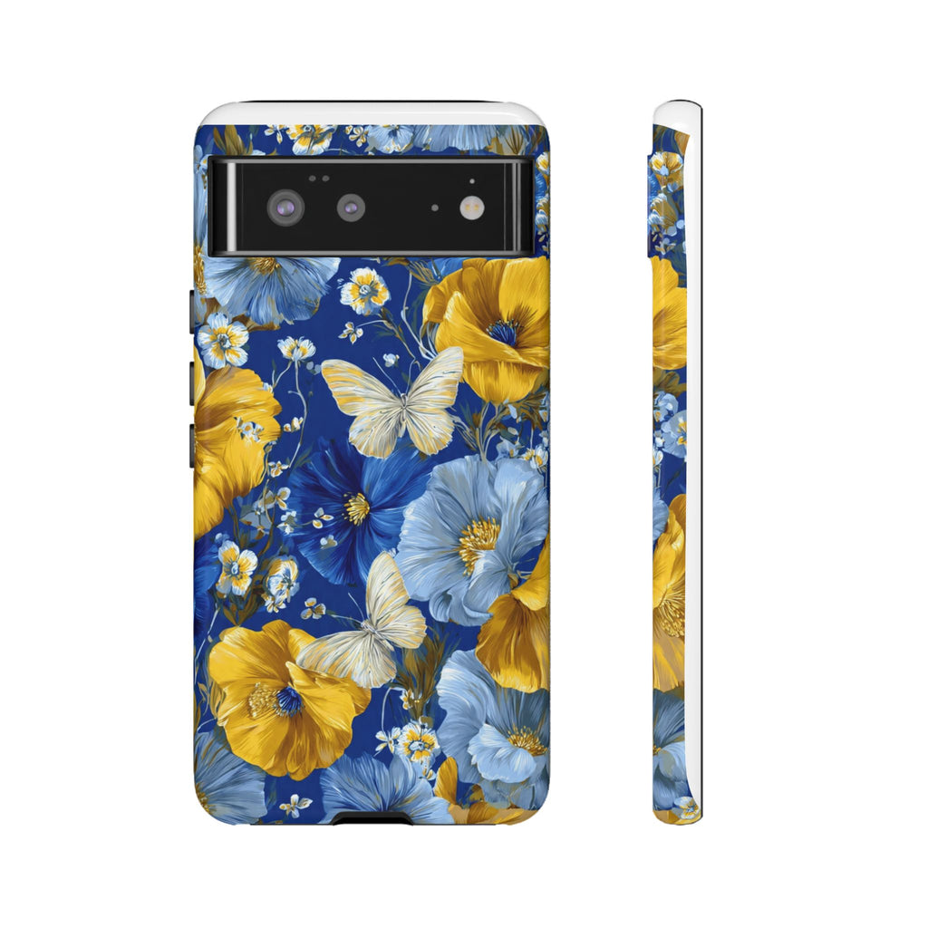 Floral Butterflies Phone Case — Blue & Yellow Tough Protective Cover