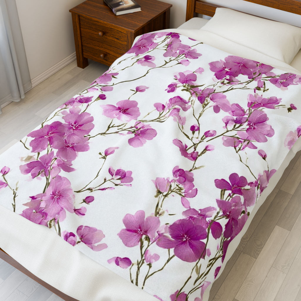 Velveteen Plush Blanket — Pink Cherry Blossom Floral Throw, Soft Cozy Bed & Couch Accent