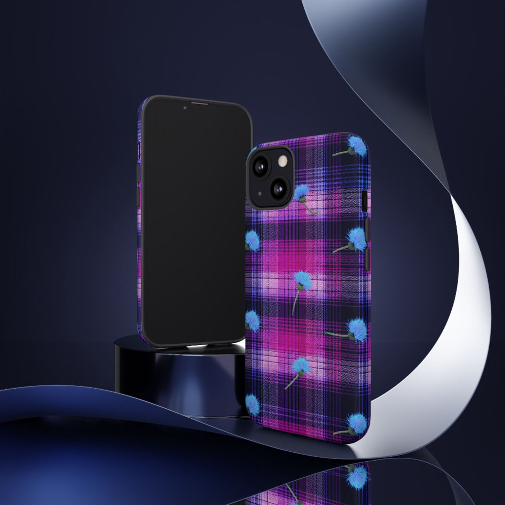 Purple Plaid Blue Thistle Tartan Phone Case — Floral Plaid Protective iPhone Cover