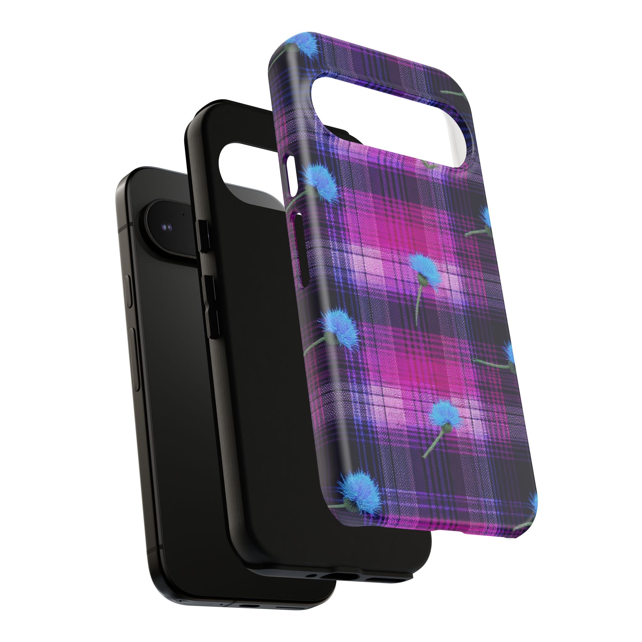 Purple Plaid Blue Thistle Tartan Phone Case — Floral Plaid Protective iPhone Cover