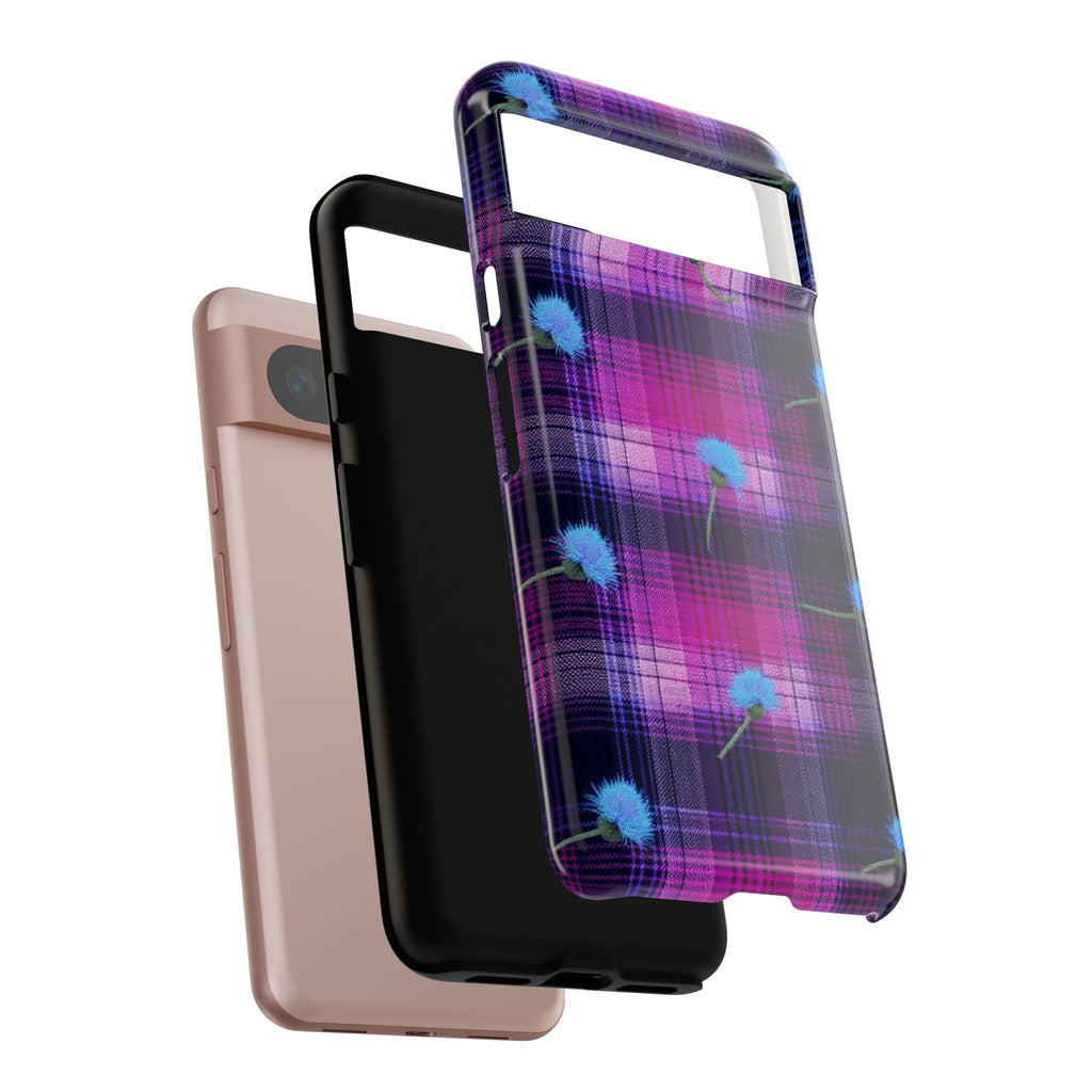 Purple Plaid Blue Thistle Tartan Phone Case — Floral Plaid Protective iPhone Cover