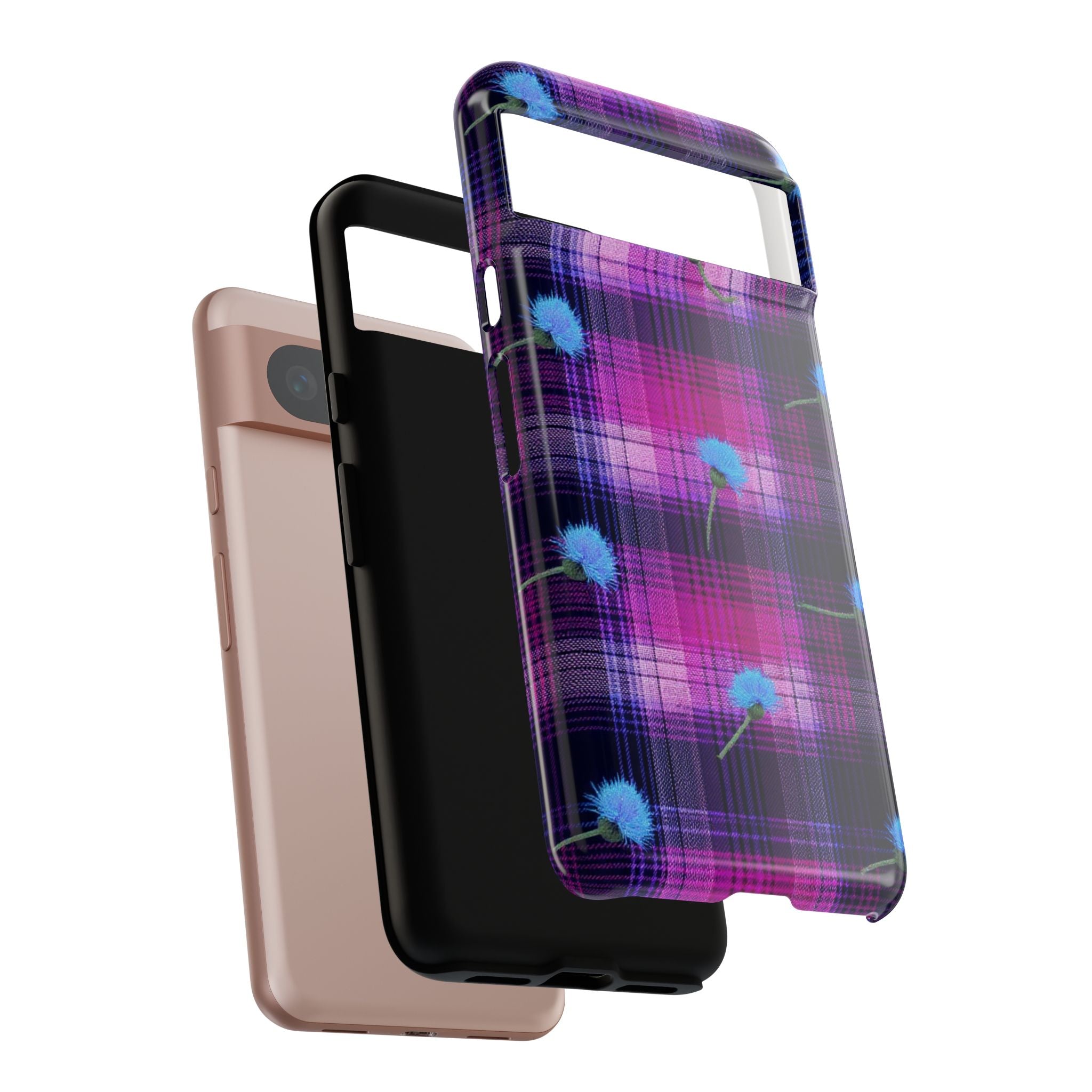 Purple Plaid Blue Thistle Tartan Phone Case — Floral Plaid Protective iPhone Cover