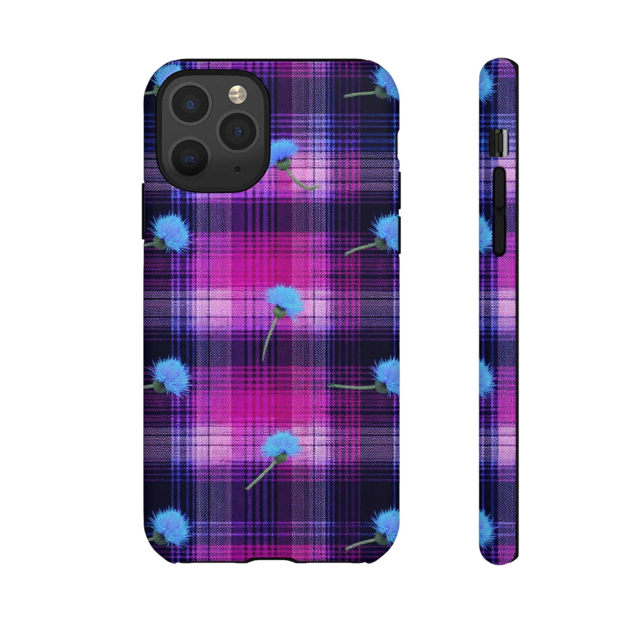 Purple Plaid Blue Thistle Tartan Phone Case — Floral Plaid Protective iPhone Cover