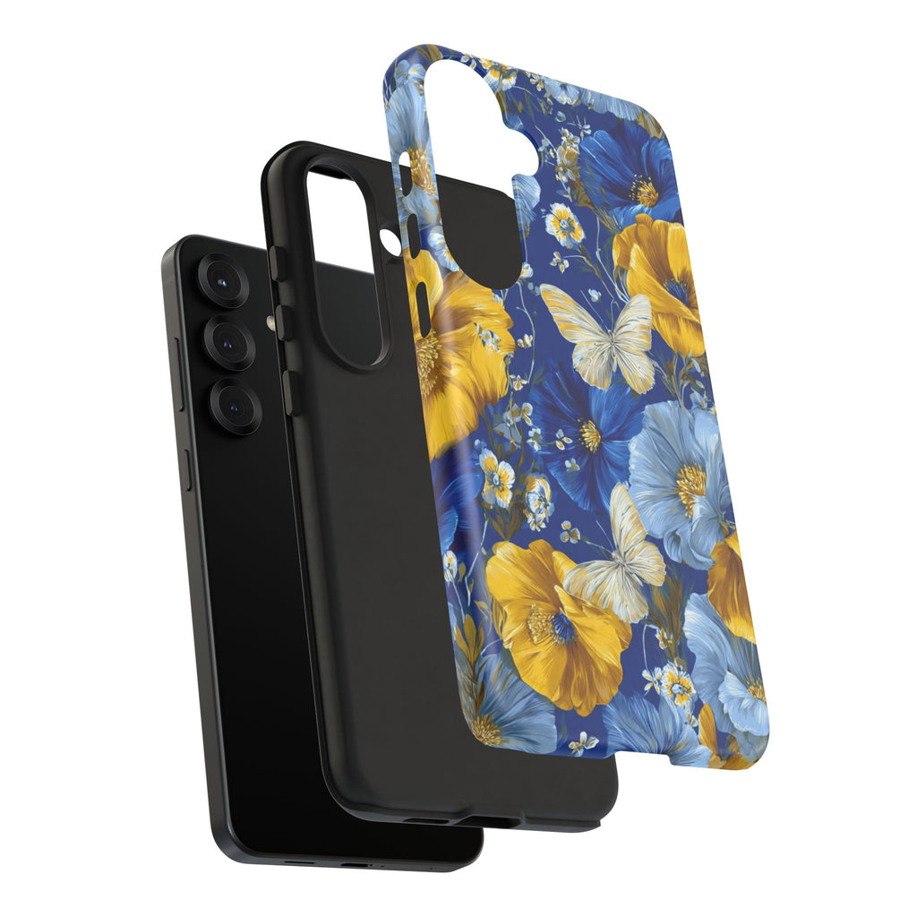 Floral Butterflies Phone Case — Blue & Yellow Tough Protective Cover