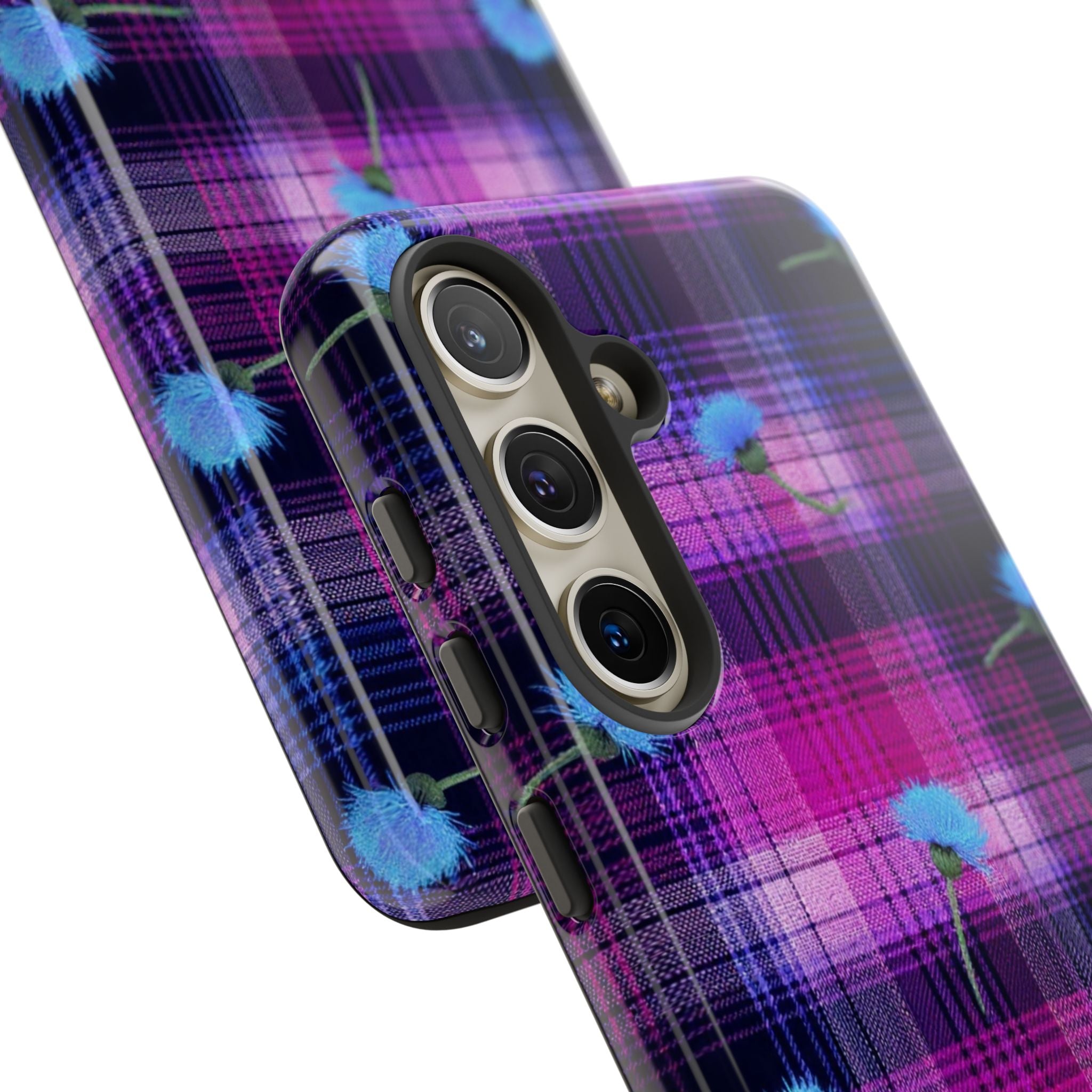 Purple Plaid Blue Thistle Tartan Phone Case — Floral Plaid Protective iPhone Cover