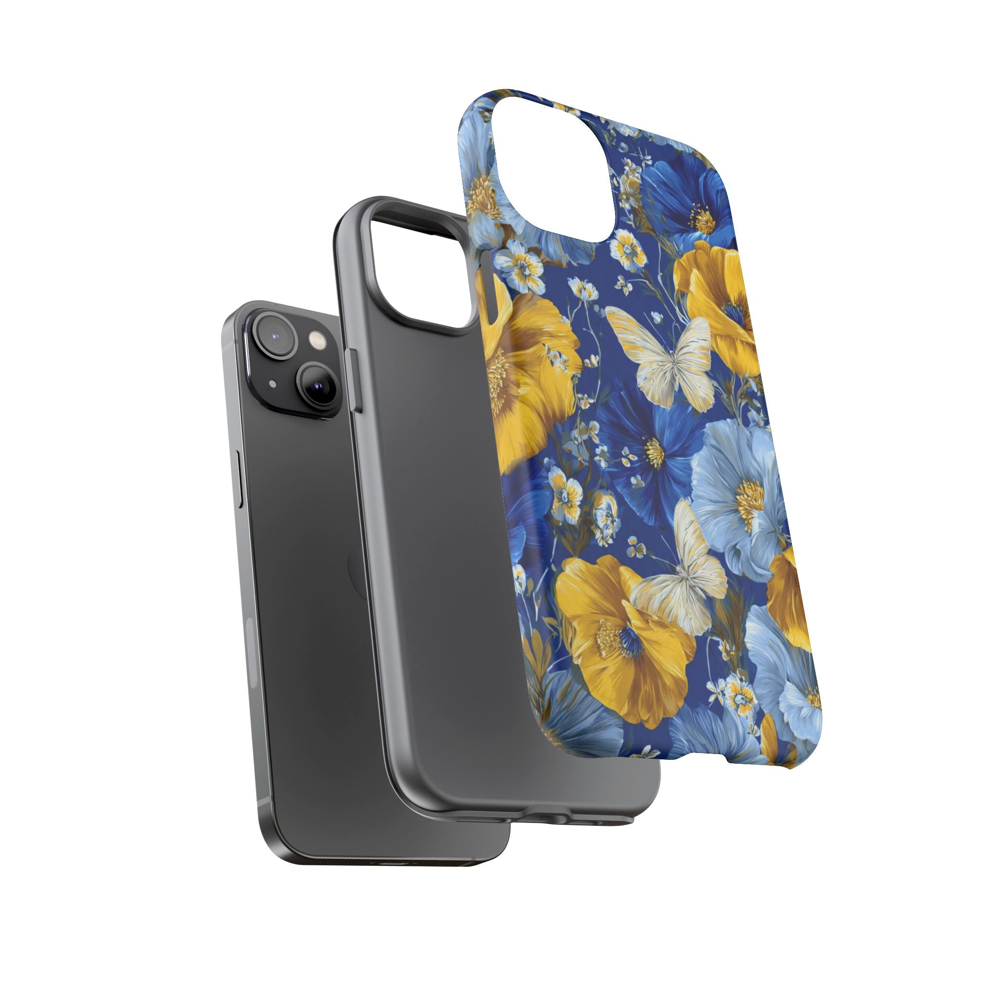 Floral Butterflies Phone Case — Blue & Yellow Tough Protective Cover