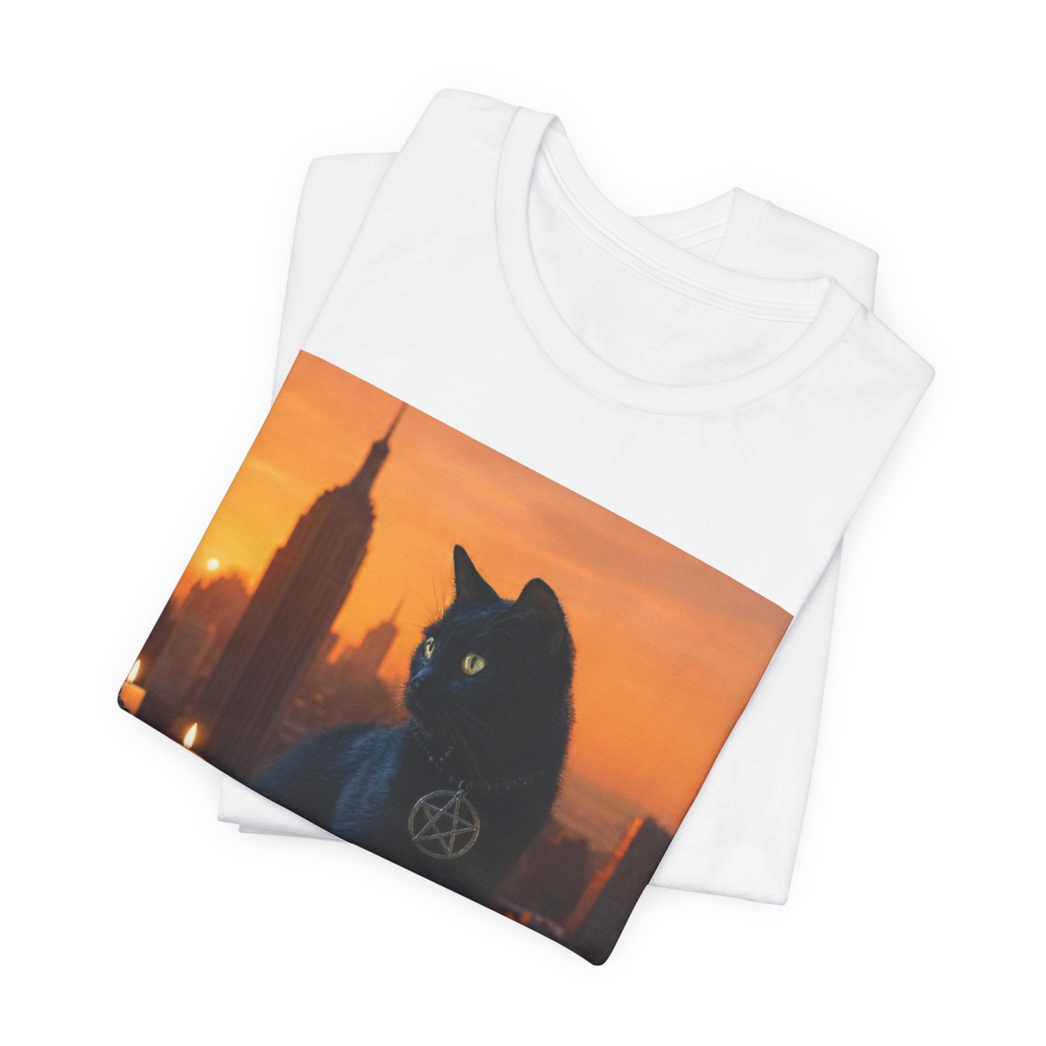 Witchy Black Cat Tee — Pentagram Cat with Candles Sunset Graphic T-Shirt