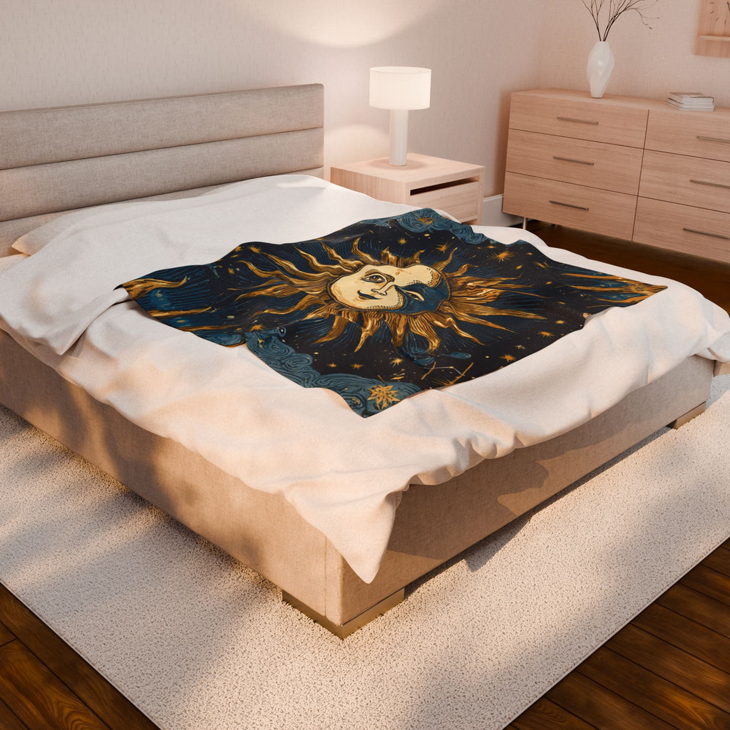 Celestial Sun & Moon Velveteen Plush Blanket — Starry Night Boho Throw