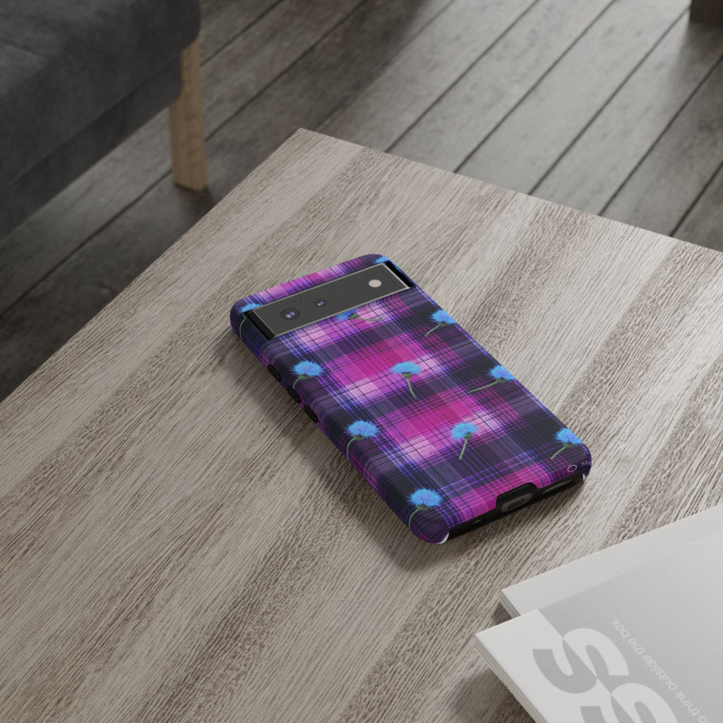 Purple Plaid Blue Thistle Tartan Phone Case — Floral Plaid Protective iPhone Cover