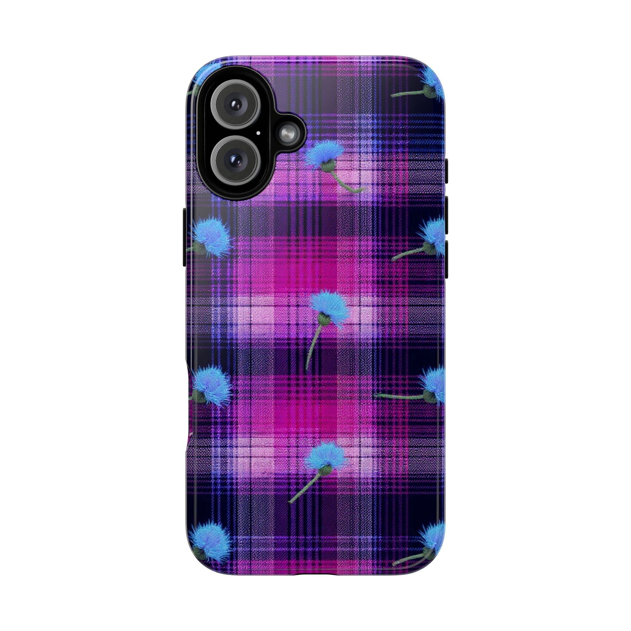 Purple Plaid Blue Thistle Tartan Phone Case — Floral Plaid Protective iPhone Cover