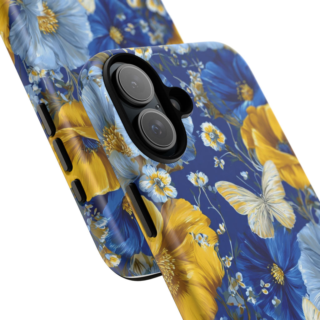Floral Butterflies Phone Case — Blue & Yellow Tough Protective Cover