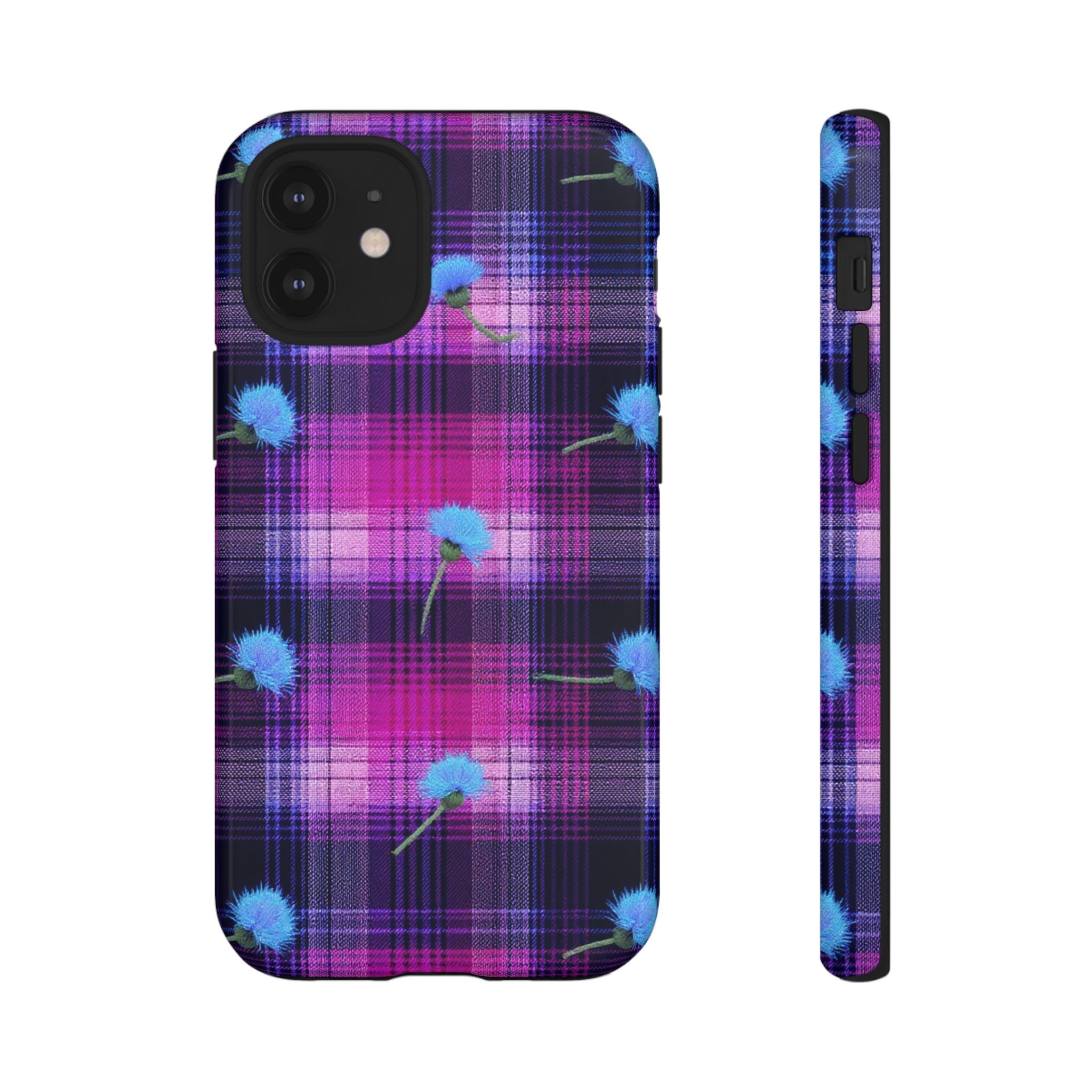 Purple Plaid Blue Thistle Tartan Phone Case — Floral Plaid Protective iPhone Cover