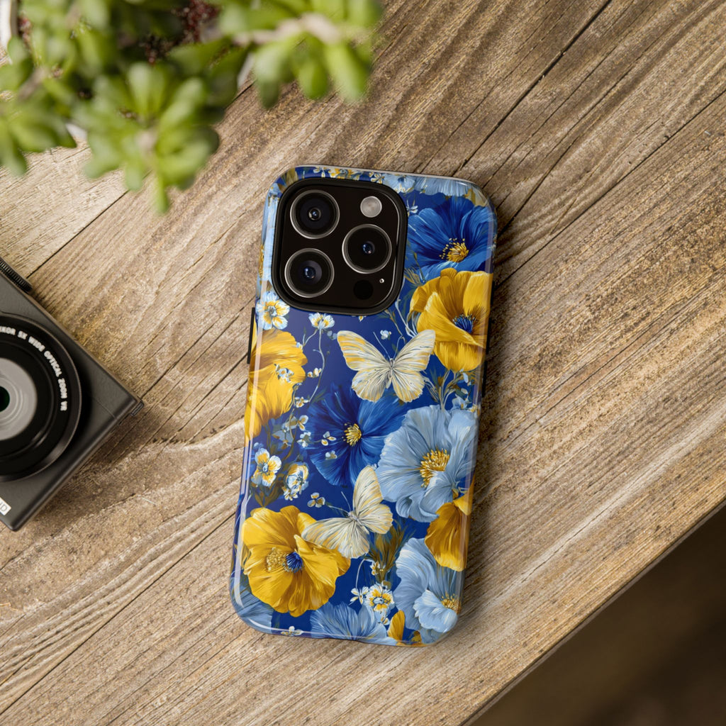 Floral Butterflies Phone Case — Blue & Yellow Tough Protective Cover