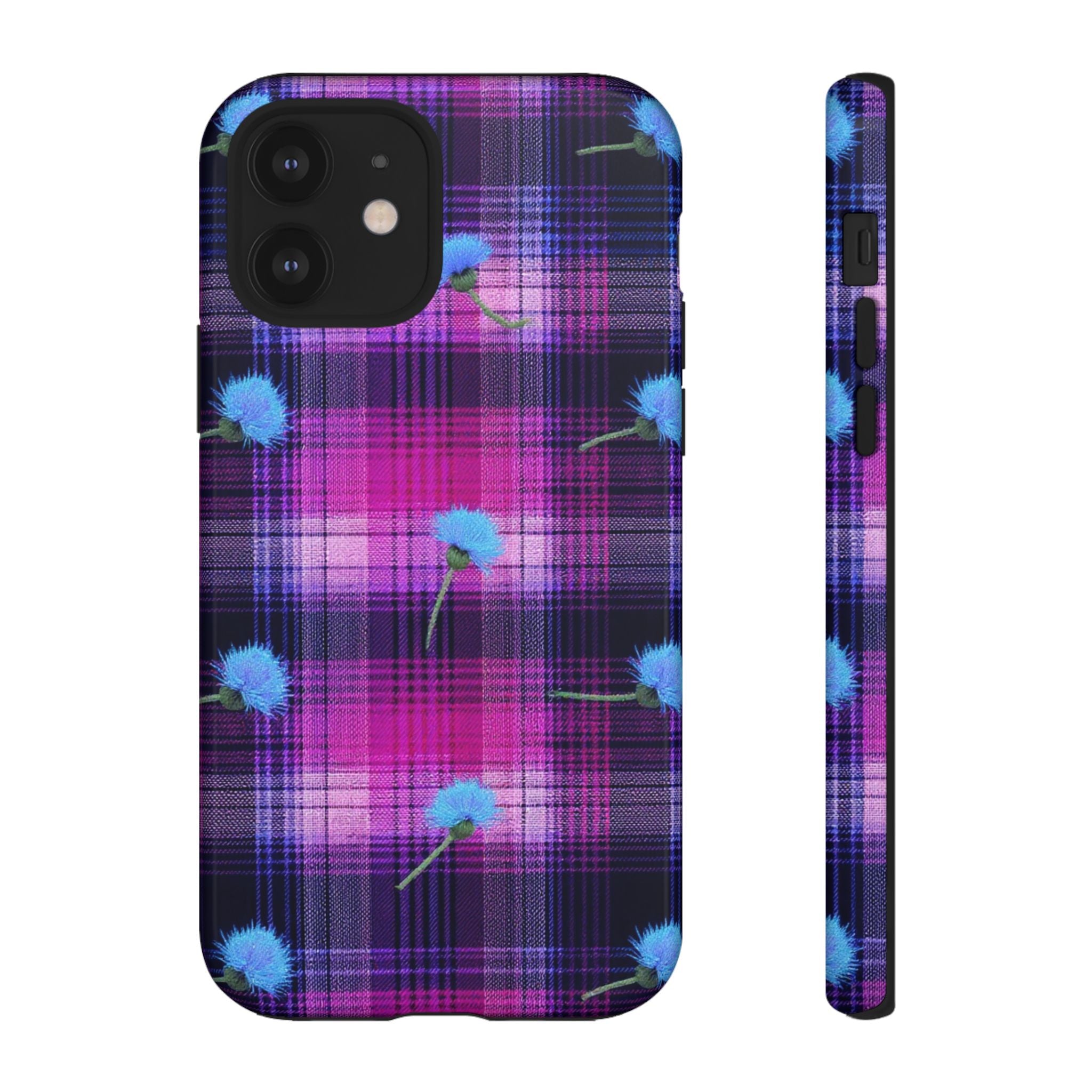 Purple Plaid Blue Thistle Tartan Phone Case — Floral Plaid Protective iPhone Cover