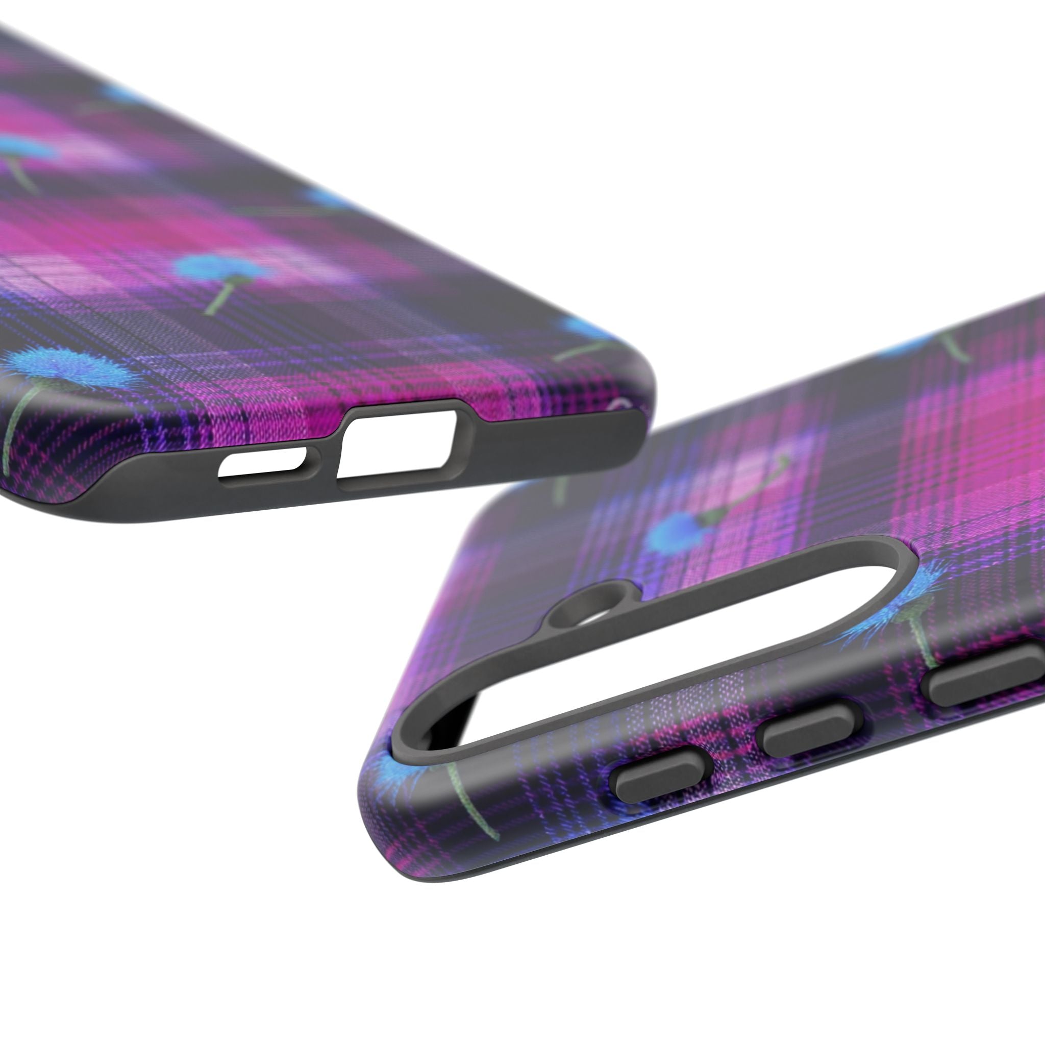 Purple Plaid Blue Thistle Tartan Phone Case — Floral Plaid Protective iPhone Cover