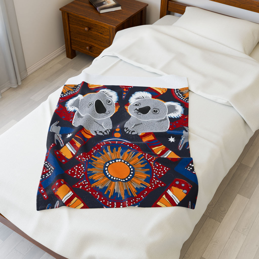 Koala & Sun Velveteen Plush Blanket — Australian Aboriginal Inspired Cozy Throw