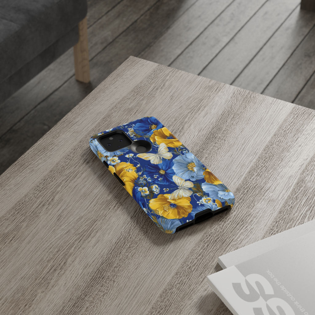 Floral Butterflies Phone Case — Blue & Yellow Tough Protective Cover