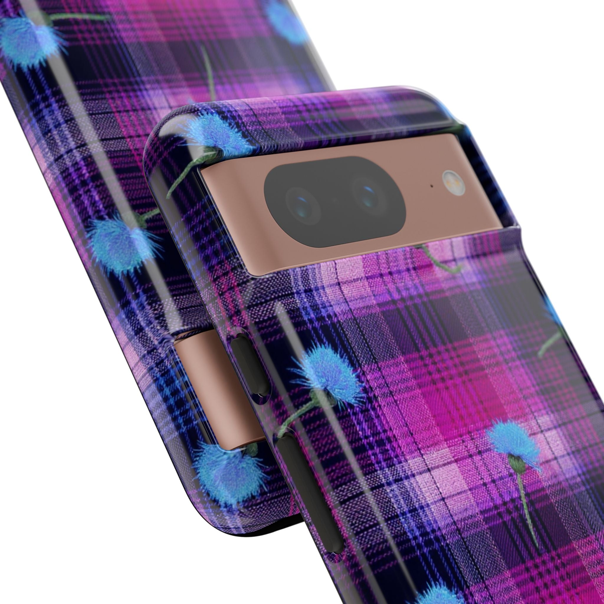 Purple Plaid Blue Thistle Tartan Phone Case — Floral Plaid Protective iPhone Cover