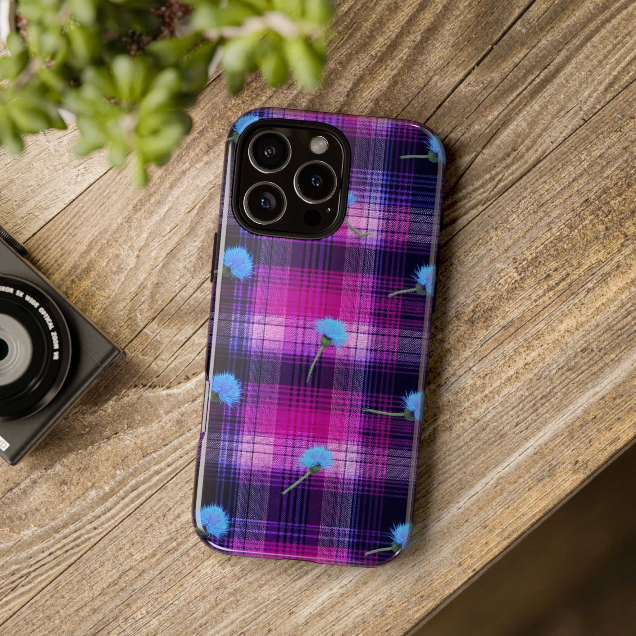 Purple Plaid Blue Thistle Tartan Phone Case — Floral Plaid Protective iPhone Cover