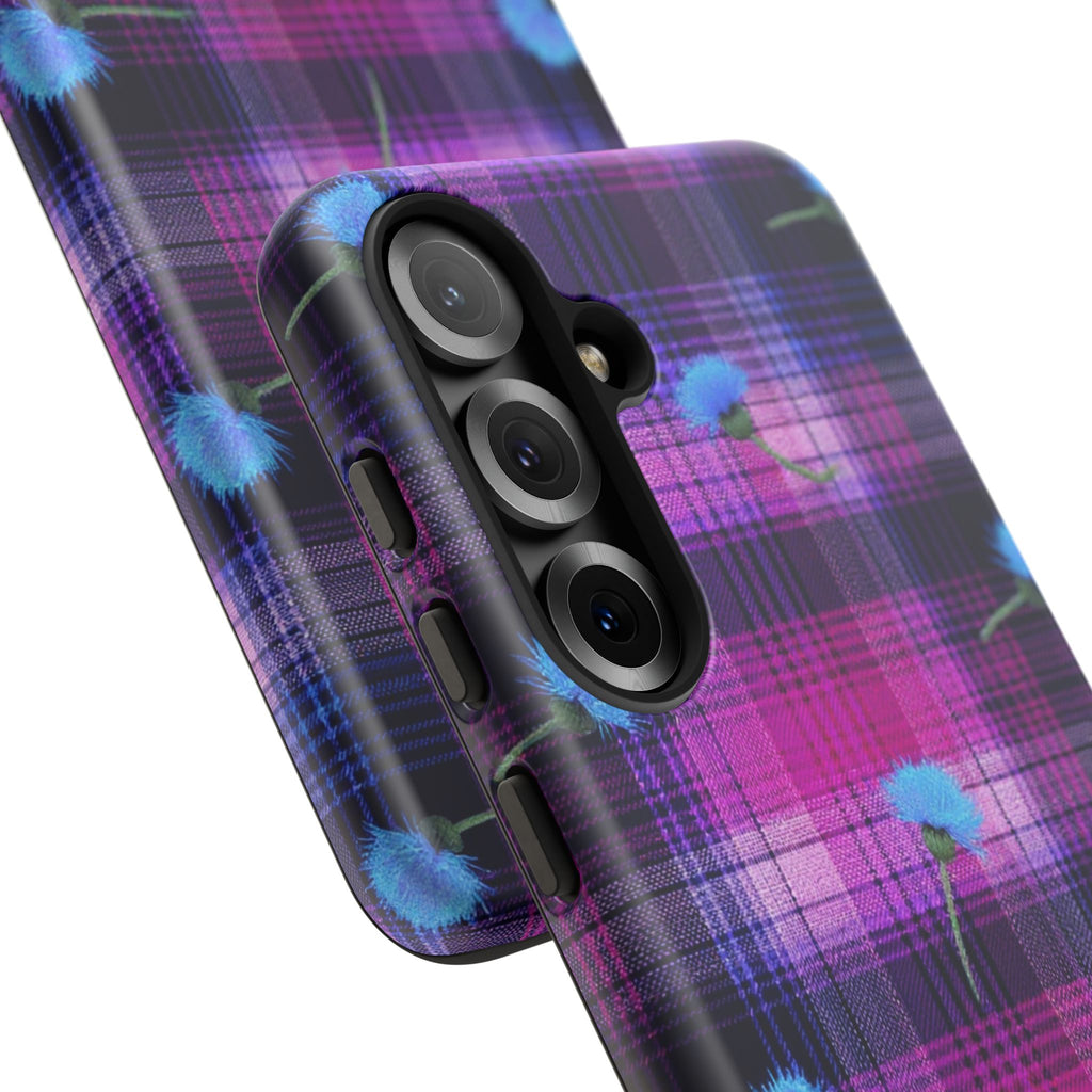 Purple Plaid Blue Thistle Tartan Phone Case — Floral Plaid Protective iPhone Cover