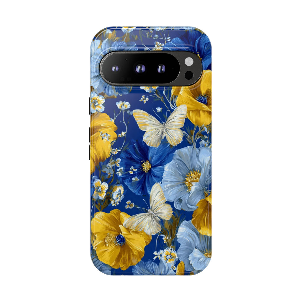 Floral Butterflies Phone Case — Blue & Yellow Tough Protective Cover