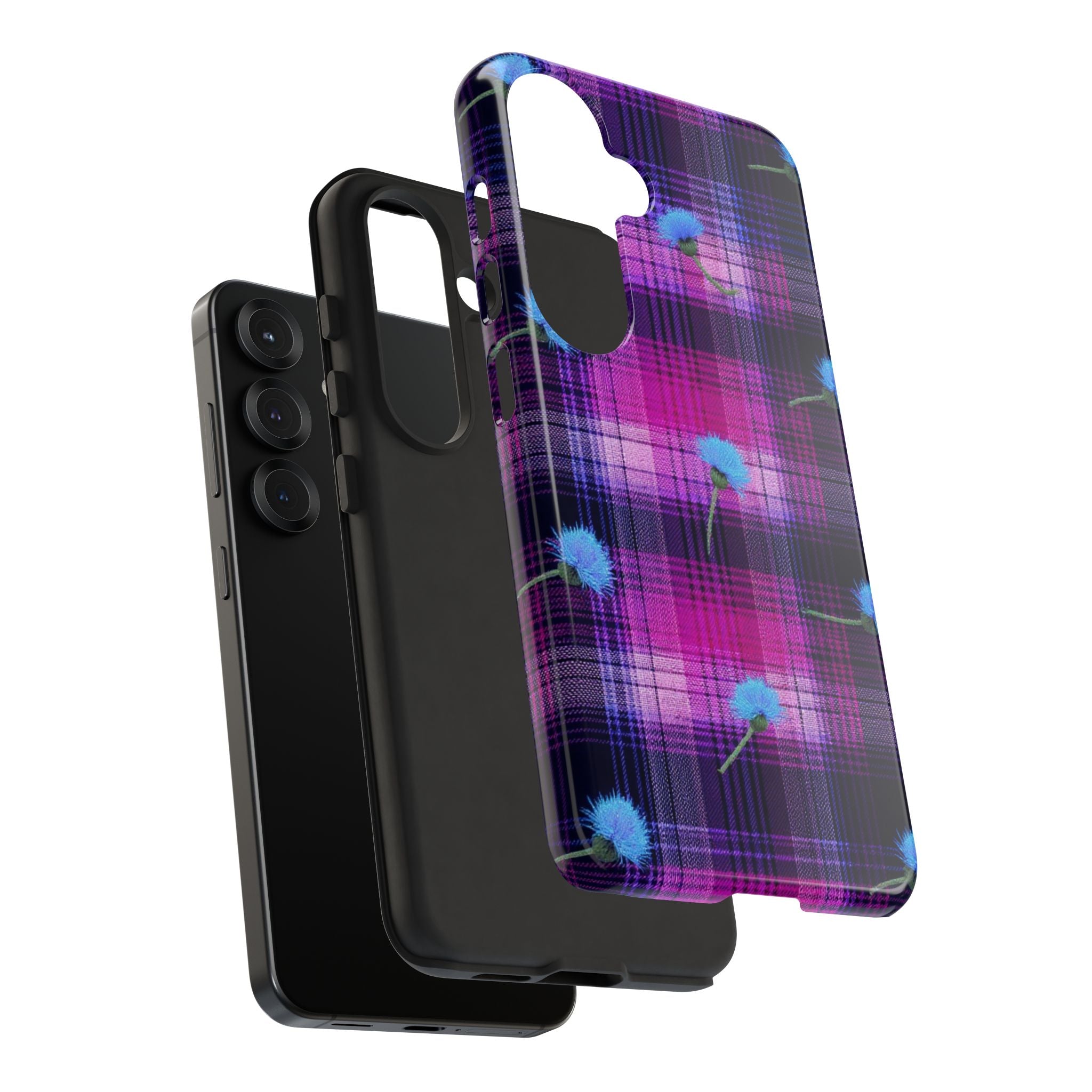 Purple Plaid Blue Thistle Tartan Phone Case — Floral Plaid Protective iPhone Cover