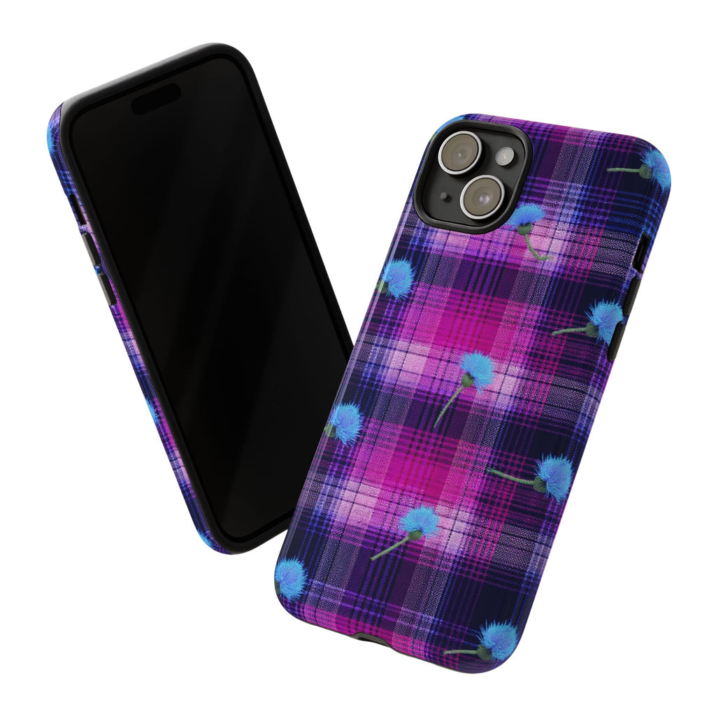 Purple Plaid Blue Thistle Tartan Phone Case — Floral Plaid Protective iPhone Cover