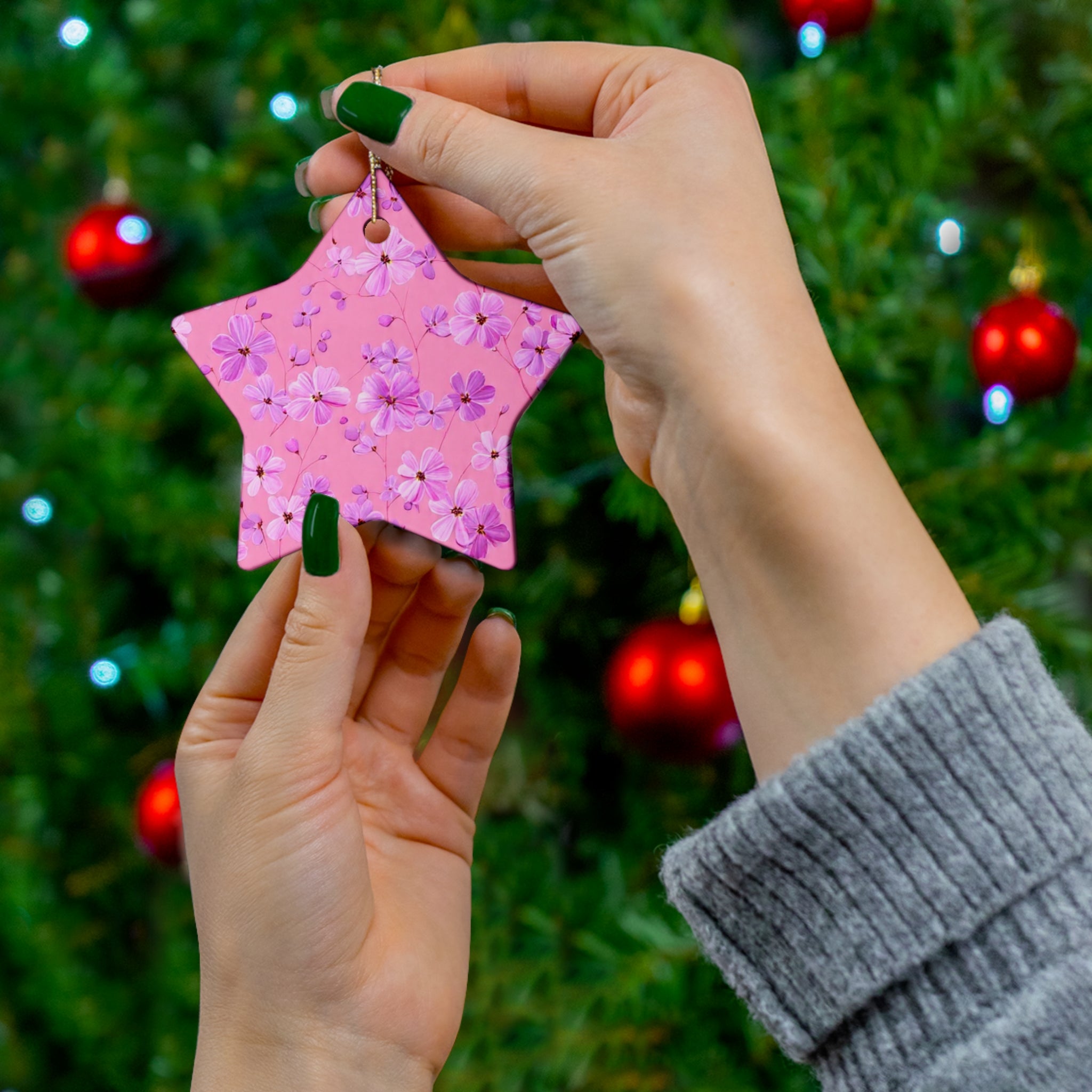 Star Ceramic Ornament — Pink Floral Blossom Holiday Decoration