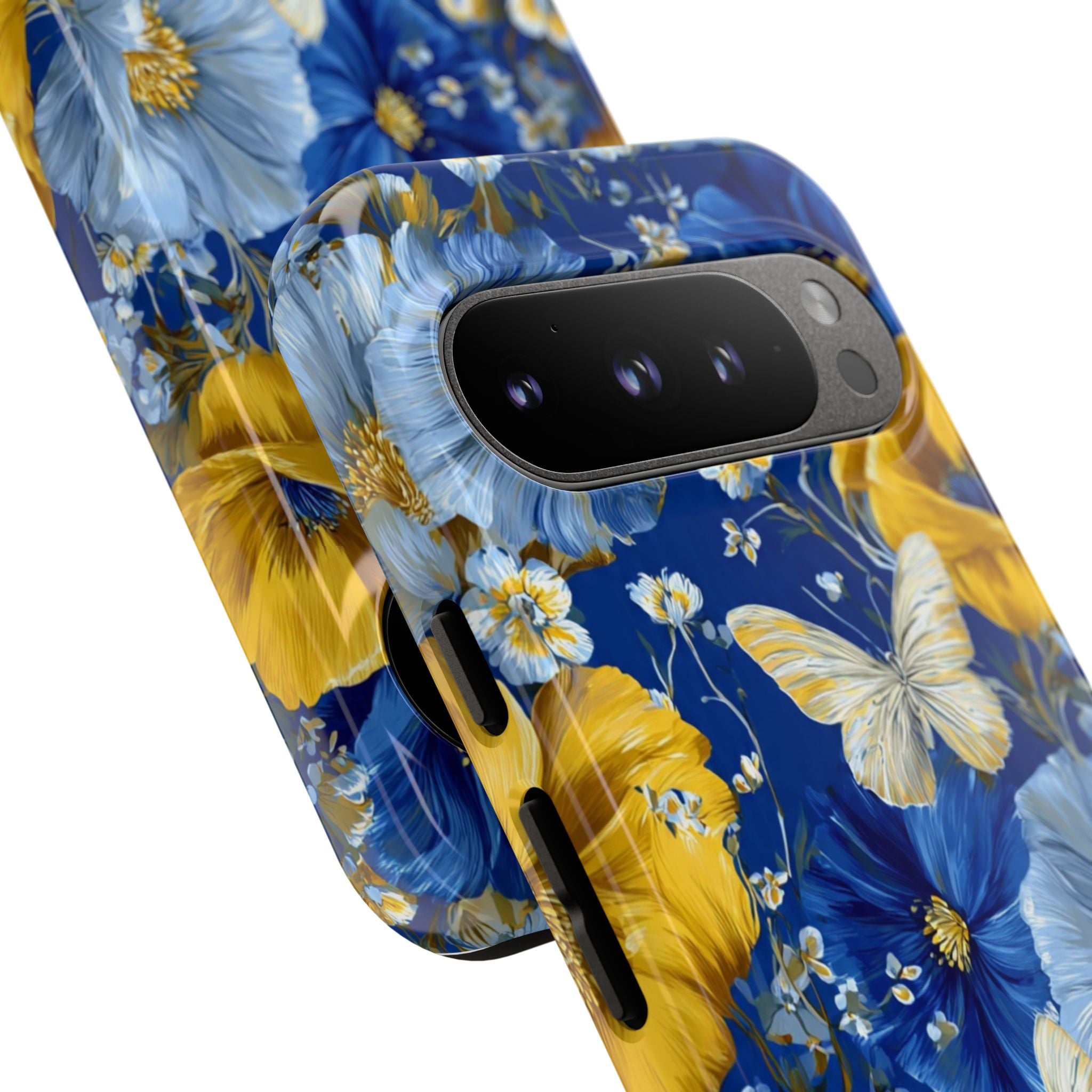Floral Butterflies Phone Case — Blue & Yellow Tough Protective Cover