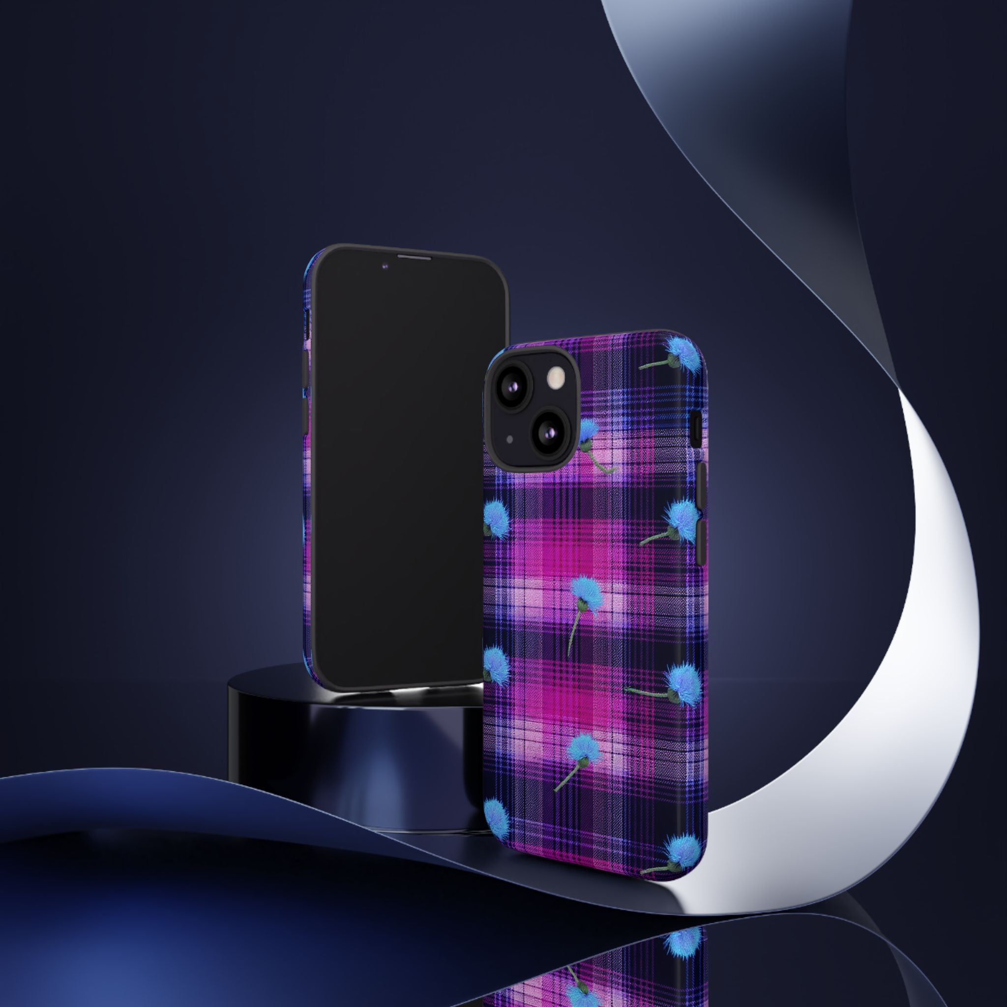 Purple Plaid Blue Thistle Tartan Phone Case — Floral Plaid Protective iPhone Cover