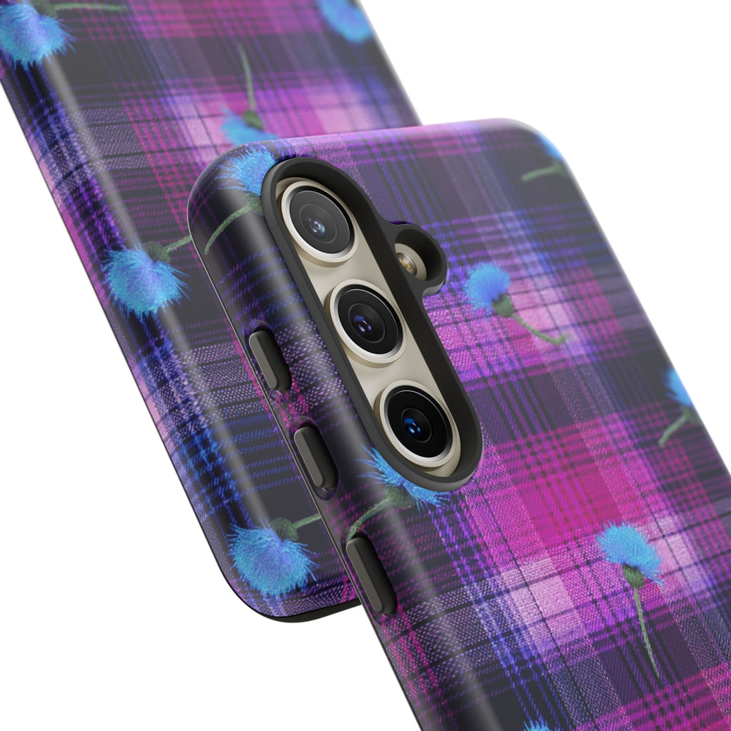 Purple Plaid Blue Thistle Tartan Phone Case — Floral Plaid Protective iPhone Cover