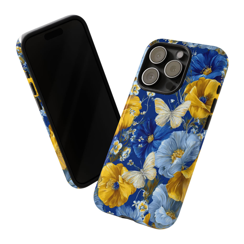 Floral Butterflies Phone Case — Blue & Yellow Tough Protective Cover