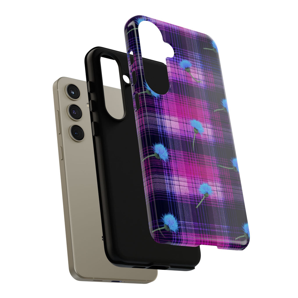 Purple Plaid Blue Thistle Tartan Phone Case — Floral Plaid Protective iPhone Cover