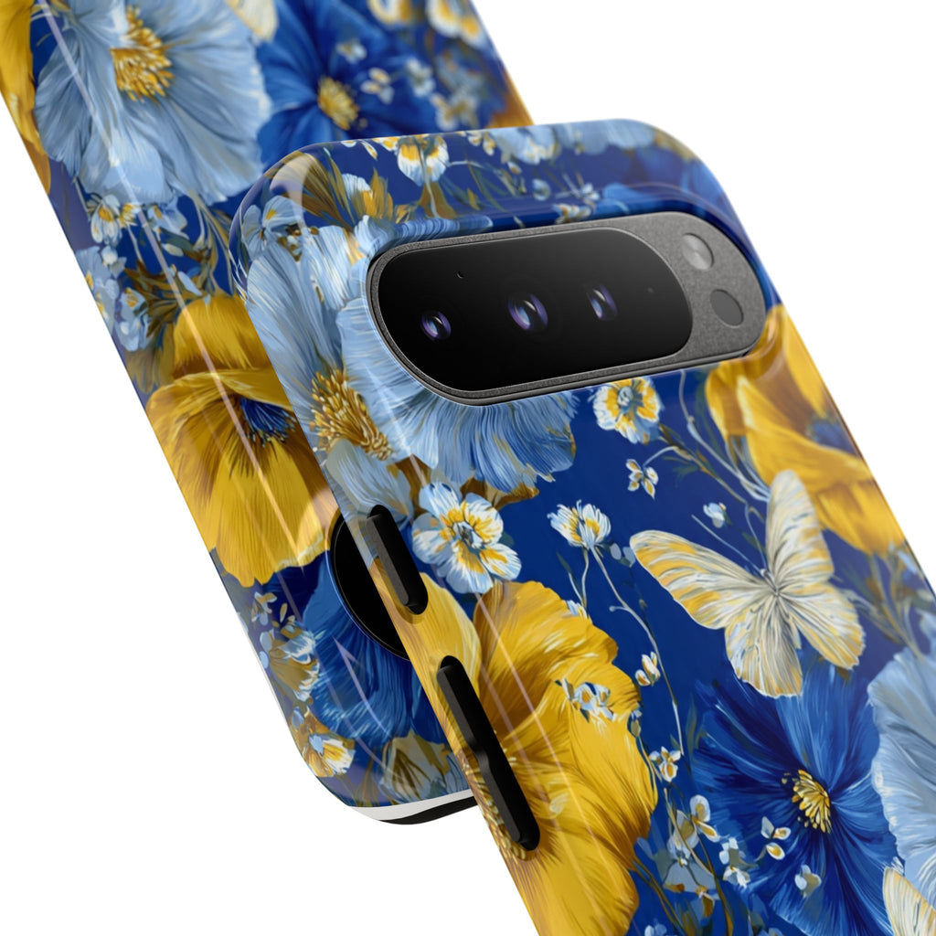Floral Butterflies Phone Case — Blue & Yellow Tough Protective Cover