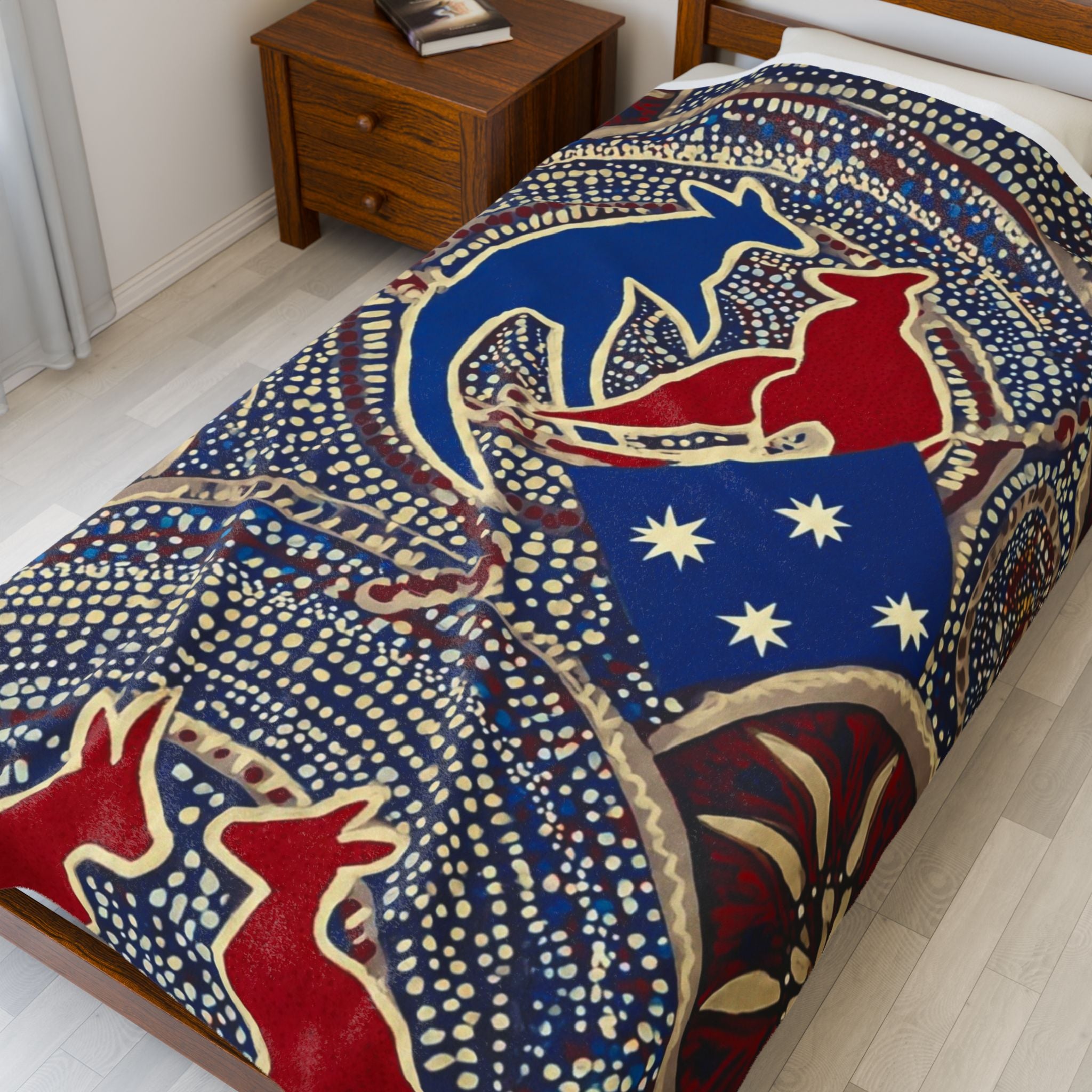 Australian Kangaroo Flag Velveteen Plush Blanket - Cozy Indigenous Dot Art Throw