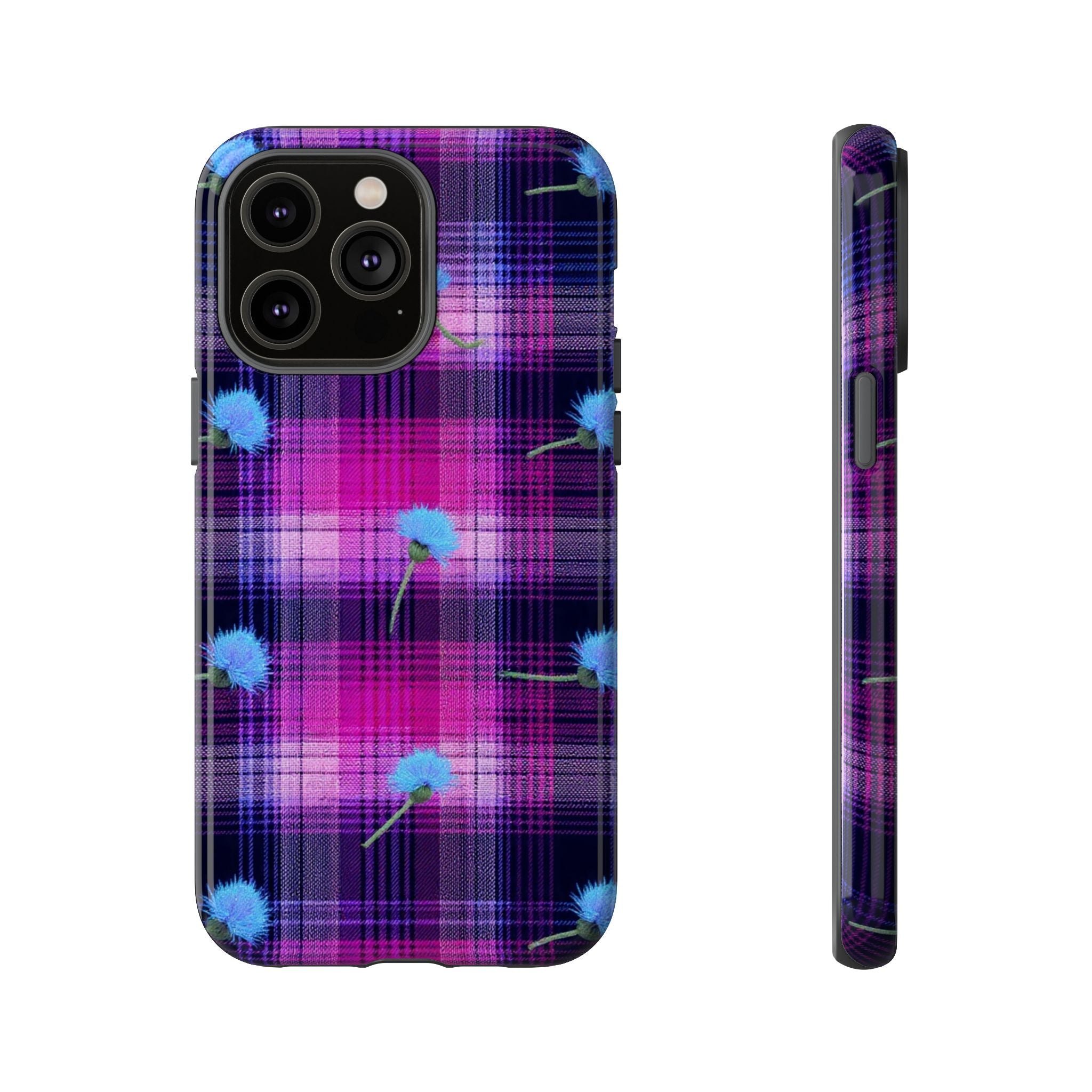 Purple Plaid Blue Thistle Tartan Phone Case — Floral Plaid Protective iPhone Cover